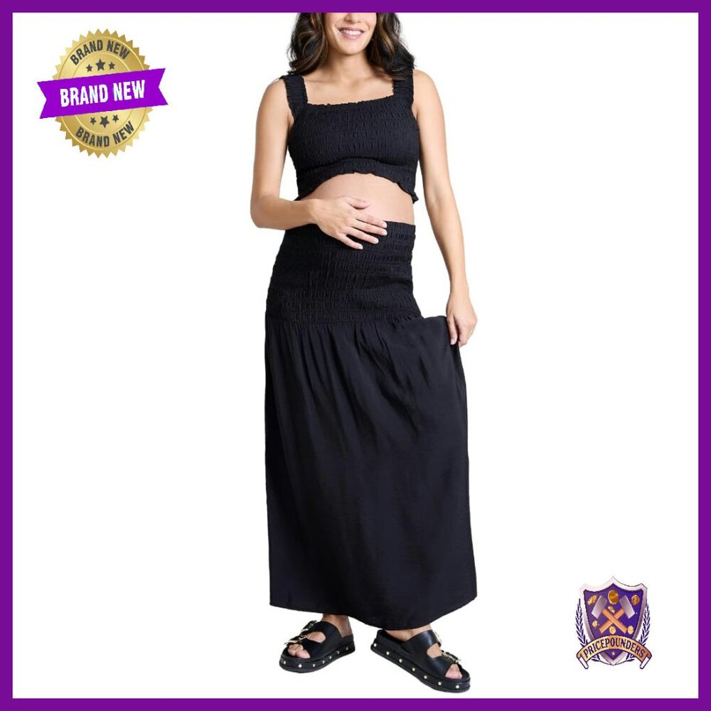 Maternity Smocked Crop Top & Maxi Skirt Set Nursing-Friendly